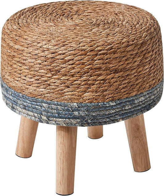 YMYNY Foot Stool Natural Seagrass Hand Weave, 12.6" Small Ottoman, Round Footrest for Living Room, Bedroom, Entryway, Change Shoes Stool, Non-Skid Wood Legs, Boho, Natural+Blue, UHBD027Q