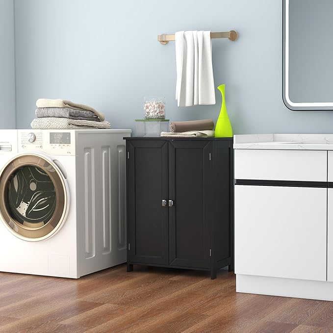 TaoHFE Bathroom Floor Cabinet, Storage Cabinet with Doors & Shelves Stylish & Functional, Bathroom Storage Cabinet. Small Bathroom Storage Cabinet Perfect for Bathroom, Living Room, Entryway, Black