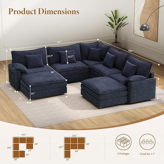 Vesgantti 101" V-Shaped Corner Couch Sectional, 7 Seat Customizable Modular Cloud Couches with Movable Ottoman, Chenille Deep Seat Sofa Set with Chaise for Living Room, Bedroom and Apartment, Blue | Sink-in Comfort, Height Adjustable, Easy Rearrangemen...