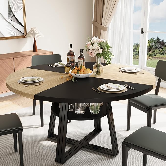 Garvee 47" Inch Round Dining Table for 4, Farmhouse Dining Room Circle Dinner Table,Space Saving Wood Kitchen & Dining Room Furniture, Round Tables with Storage and Metal Square Legs, Black Oak
