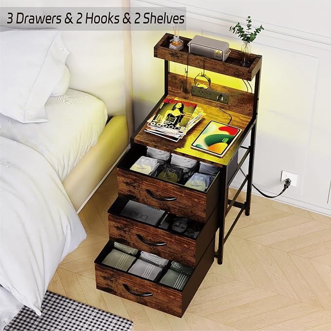 Nightstand, Dresser Nightstand with Charging Station and Led Lights, 3 Drawers Night Stand with Storage Shelf and Hooks, Tall End Side Table for Bedroom, Rustic Brown