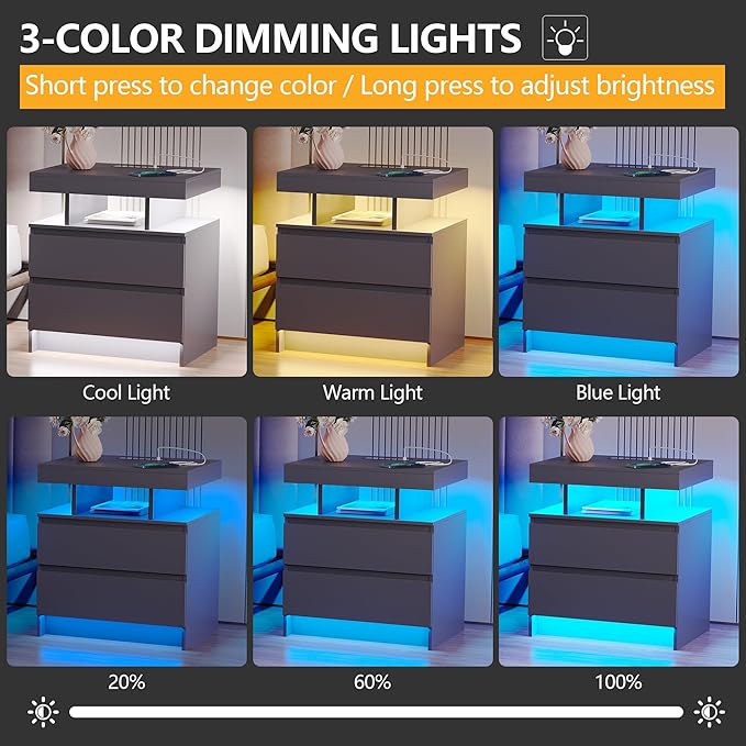 dnbss Nightstand with Charging Station and LED Light, Modern Night Stand with 2 Drawers, Smart Nightstand with USB Ports and Wireless Charger, Bedside Table for Bedroom (Grey)