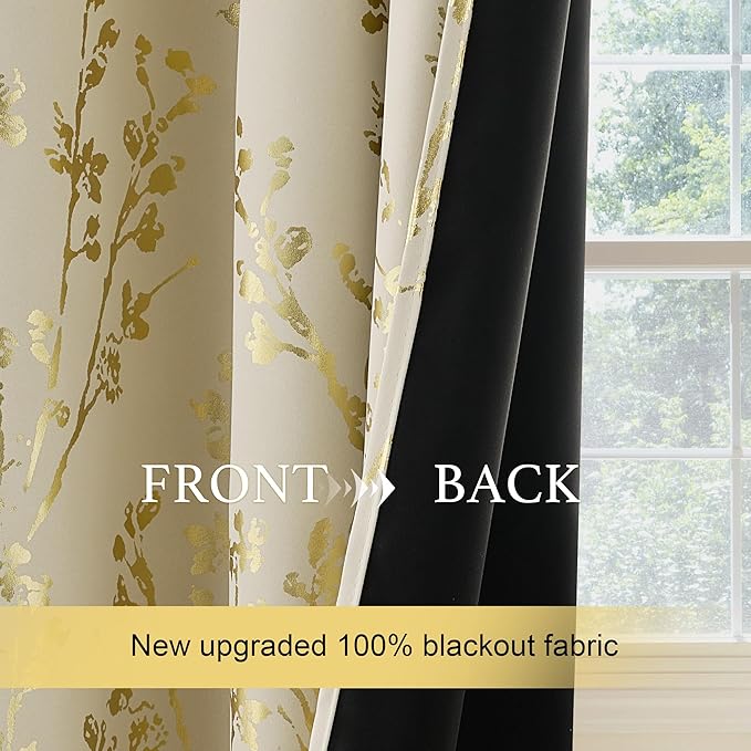 NICETOWN 100% Blackout Beige Curtains for Bedroom, Grommet Gold Foil Printed Floral Blackout Window Treatment Thermal Drapes for Living Room/Nursery, W52 x L63, 2 Panels
