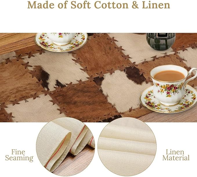 Cowhide Table Runne Bohemian Rustic Vintage Spotted Cow Fur Skin Texture Wild Animal Farmhouse Dining Table Decoration for Kitchen Dining Room 13x120in