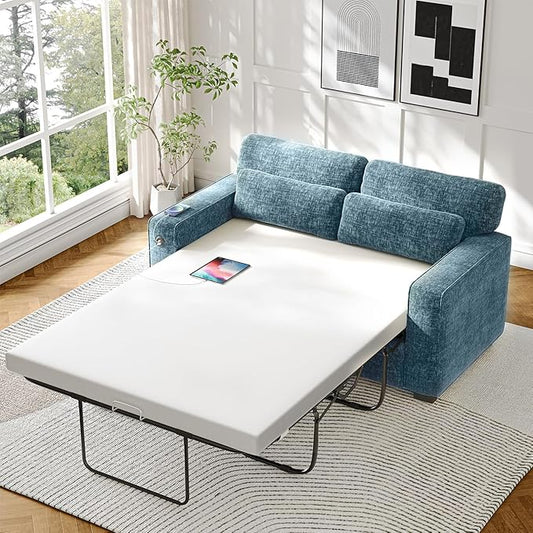 Marsail Pull Out Sofa Bed, Queen Size Sleeper Sofa with Memory Foam Mattress, 2 USB Charging and Removable Covers, Loveseat for Living Room, Apartment, Supports 600 LBS, Chenille Fabric, Blue