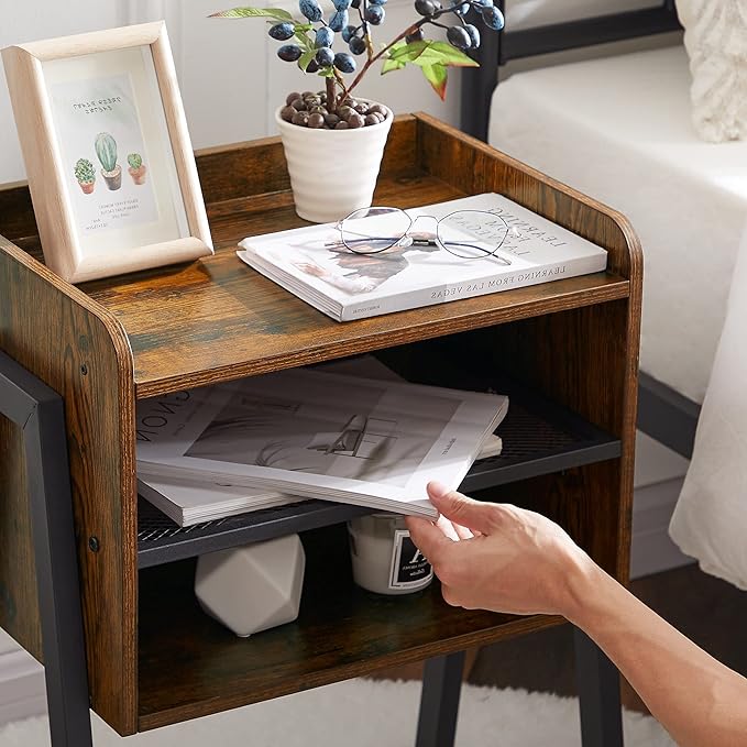 VECELO Industrial Nightstand Set of 2 Side End Table/Stackable Accent Furniture with 2-Tier Open Storage Compartments for Bedroom, Living Room and Small Spaces, 2 Pack, Rustic Brown