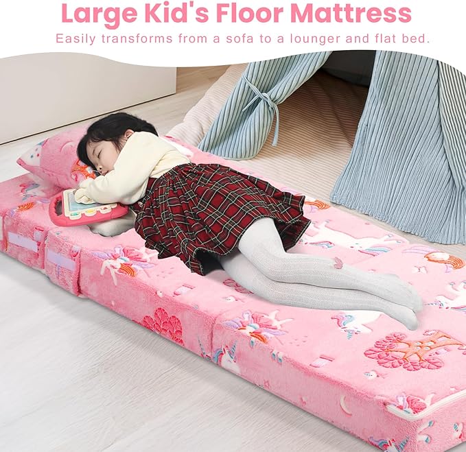MeMoreCool Foldable Futon Chair Bed for Kids, Glow Tri-fold Sofa Bed Convertible Toddler Sofa Mattress, Foam Floor Couch for Sitting, Pink