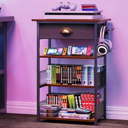 4-Tier AV Media Stand with Drawer, Video Game Console Shelf with 2 Hooks, Audio Rack Tower Perfect for/Xbox/ PS5/Switch/Game Consoles/DVD/Record Player/Projector/Sky Box/TV Accessories