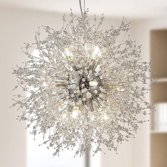 Modern Crystal Chandeliers Firework, 12-Light Chrome Stainless Steel Sputnik Chandelier, 21.6" Dandelion Pendant Ceiling Light Fixture for Bedroom Dining Room