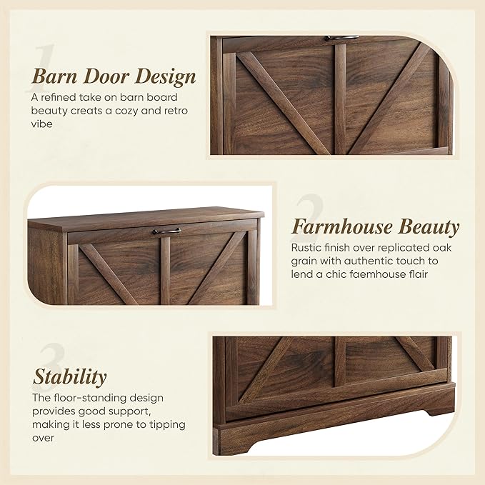 Semiocthome Farmhouse Shoe Storage Cabinet with 2 Flip Drawers, 31.5"(W) Freestanding Shoe Organizer with Barn Door and Metal Handles for Entryway, Corner Rustic Narrow Shoe Rack Cabinet - Walnut