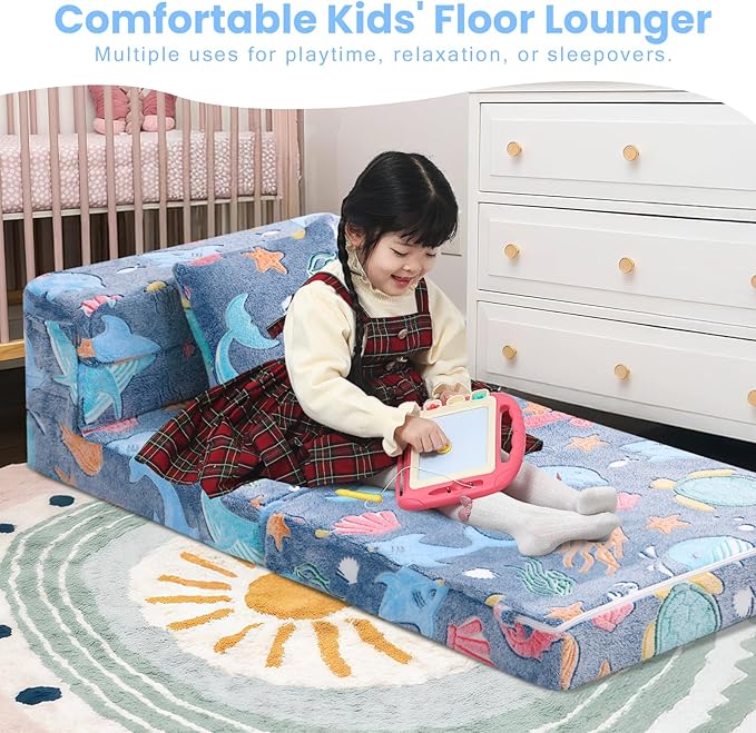 MeMoreCool Foldable Futon Chair Bed for Kids, Glow Tri-fold Sofa Bed Convertible Toddler Sofa Mattress, Foam Floor Couch for Sitting, Blue