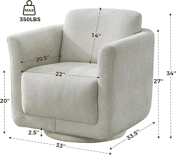 Swivel Accent Chair, 360° Upholstered Swivel Chair, 350 lbs Capacity, Kiln Dried Solid Wood Frame Lumbar Cushion,FSC Certified Upholstered Chair for Living Room Bedroom，Gray