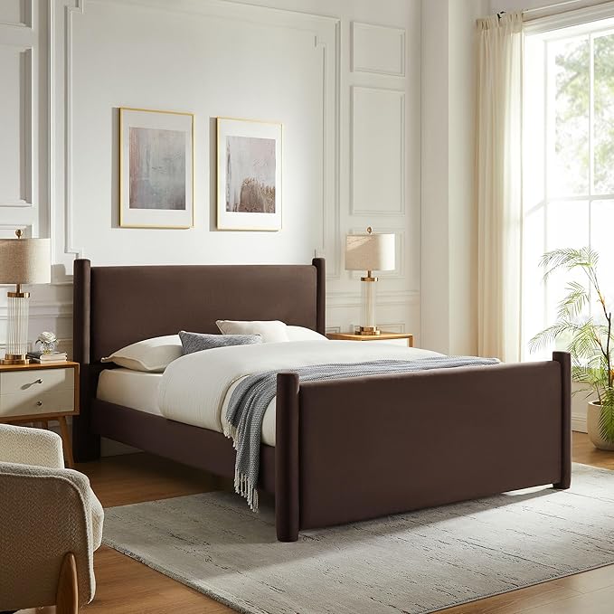 Modway Rael King Platform Bed Frame with Upholstered Headboard and Footboard in Chocolate Brown – Stain-Resistant Performance Velvet King Size Bed with Rounded Posts