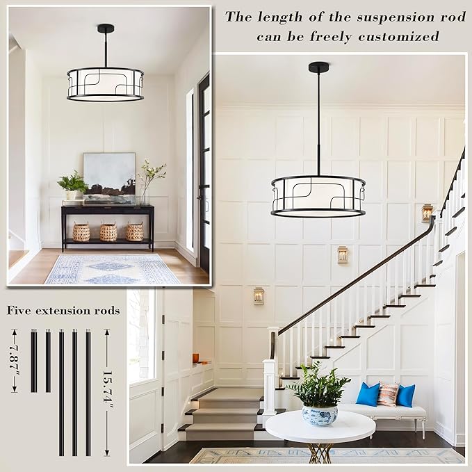 19.68" Drum Pendant Light - Black and White Linear Design Adjustable Chandelier for Dining Room, Kitchen Island, Living Room, Foyer (5 Lights)