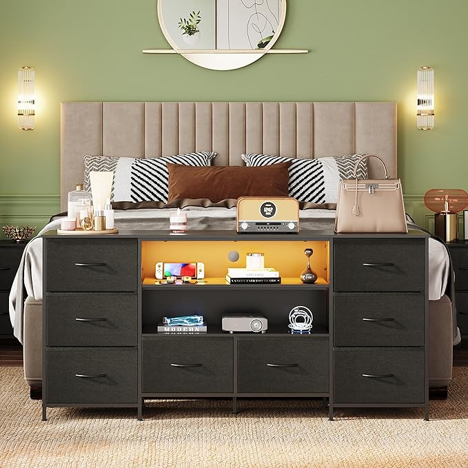 WLIVE TV Stand Dresser for 65,70 inch TV, Entertainment Center with LED Lights & 8 Long Fabric Drawers, Dresser TV Stand for Bedroom and Living Room, Black
