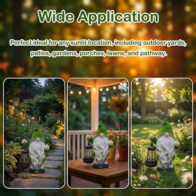 Flocked Garden Outdoor Gnome Statues Decor with Solar Lights, Large Funny Gnome Garden Figurines for Outside Patio Yard Lawn House Farmhouse Sculptures Decorations Gifts, White