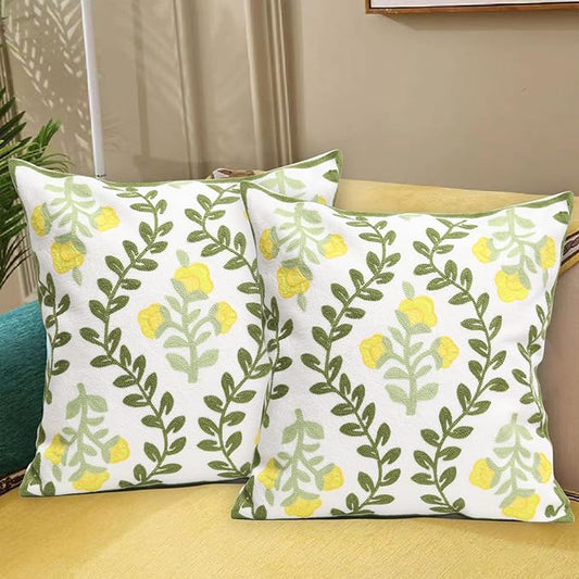 Set of 2 Embroidered Decorative Throw Pillow Covers Couch Square Pillowcases Cushion for Bedroom Sofa Farmhouse Decor 18x18 Inch (Yellow Floral)