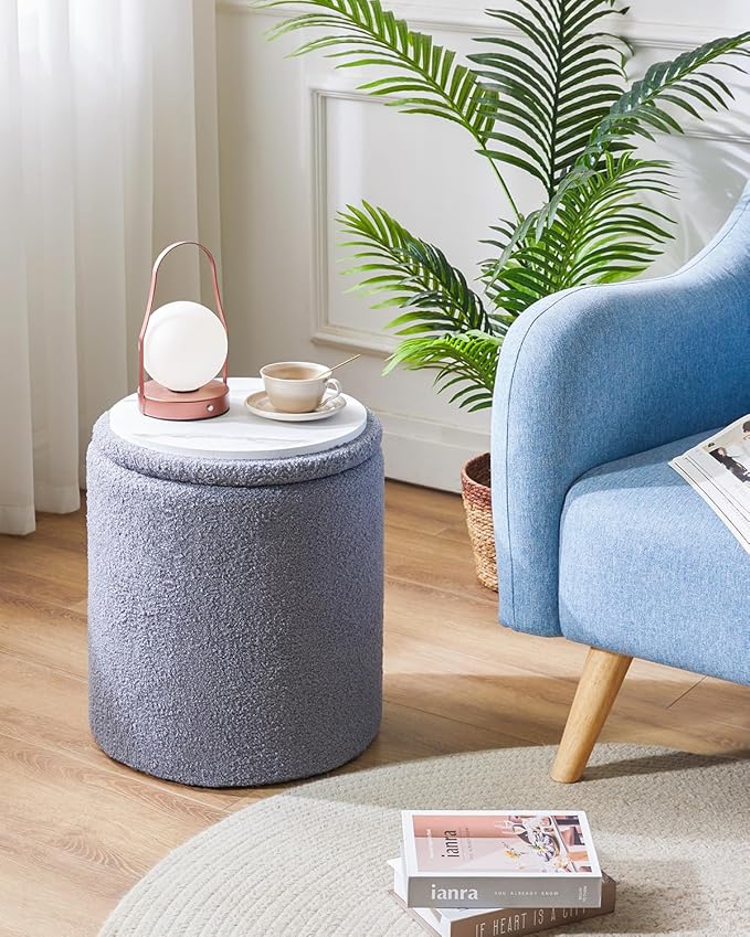 IBUYKE Storage Ottoman Set of 2 Round Ottoman Fleece Vanity Stool with Storage Velvet Footrest Stool End Table Boucle Ottoman for Home Organization Gray UWBD015G