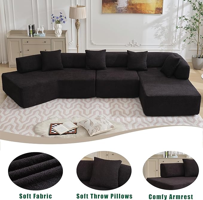 140" L-Shape Couch,Modern Minimalist Sleeper Sofa,Modular Sectional Couches with Chaise,Free Combination Foam-Filled Furniture,4 Seats Corner Chair for Dorm,Apartment,Studio,Office,Black