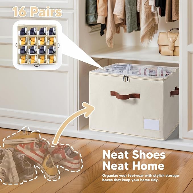 Shoe Organizer for Closet, Fits Up to 16 Pairs, Large Shoe Box Storage Container with Clear Cover, with Adjustable Dividers for Shoe Storage Bins,Space-Saving Shoe Bins (Beige)