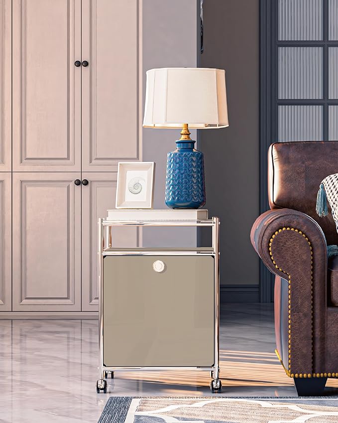 Elegant Matte Storage Cart with 22.8" Height - Perfect Side Table, Night Stand - Large Capacity with Flap Door, Detachable Wheels - Ideal for Home, Office, Bedroom, Kitchen (Taupe)