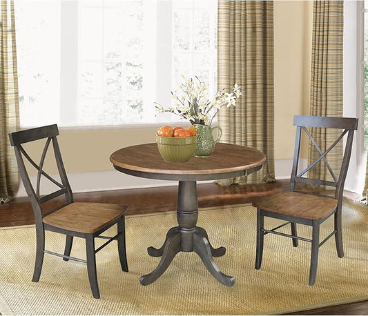 IC INTERNATIONAL CONCEPTS 36" Round Wood Extension Dining Table with 2 Chairs in Hickory/Washed Coal