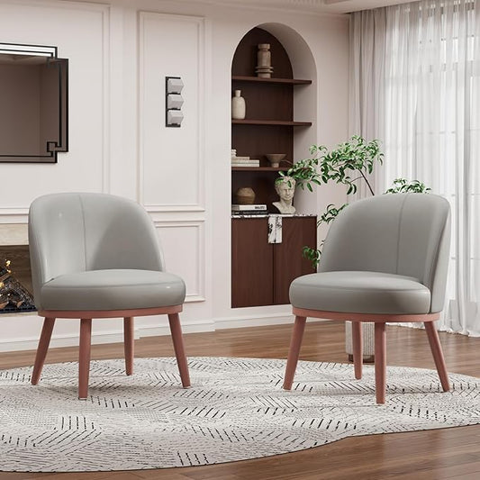 Accent Chair Set of 2, PU Leather Mid-Century Modern Chair for Small Space, Comfy Upholstered Armless Chair, for Living Room, Bedroom, Light Gray