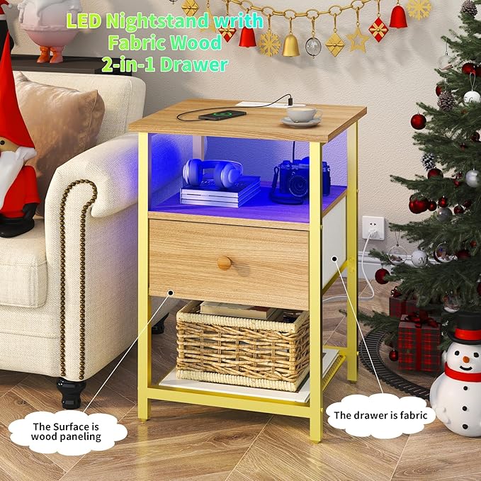 LED Nightstands Set of 2 with Charging Station, Bedside Tables with USB Ports and Outlets, End Table with Fabric-Wood 2-in-1 Drawer for Small Spaces, Wooden Color Side Table for Bedroom