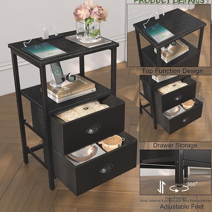 Nightstand with Charging Station, LED Night Stand Set 2, Bedside Table End Table Set of 2, Bedroom Table with 2 Fabric Drawers PU Finish, 3-Tier Storage Side Table for Bedroom,Black
