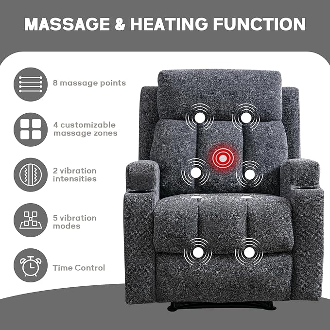 CANMOV Manual Massage Heat Recliner Chair Set of 3, Soft Fabric Recliner Chair with Overstuffed Arm and Back, Manual Reclining Single Sofa with 2 Cup Holders, Side Pocket for Living Room, Dark Grey