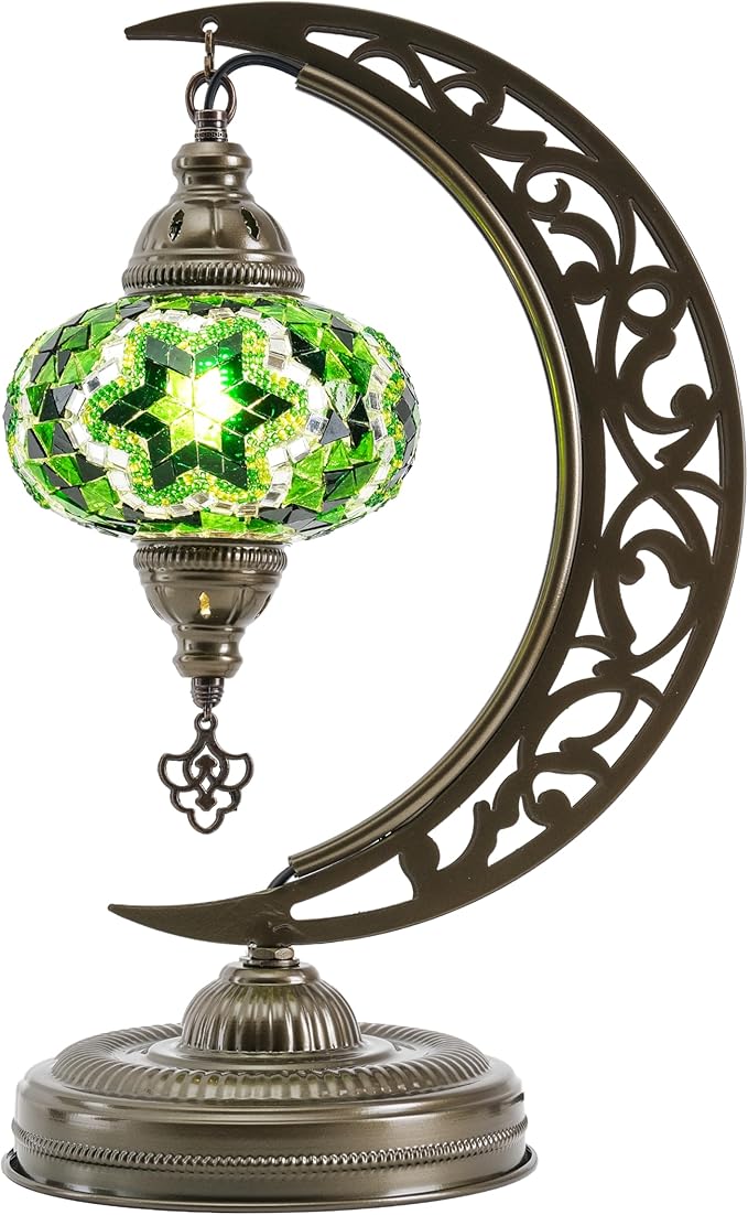 Mozaist Turkish Mosaic Moon Shape Table Lamp, Moroccan Crescent Vintage Handmade Desk Light, Country Living Room, Kitchen Island Decorative Lighting, Authentic Bohemian Bedside Dim Nightstand (Green)