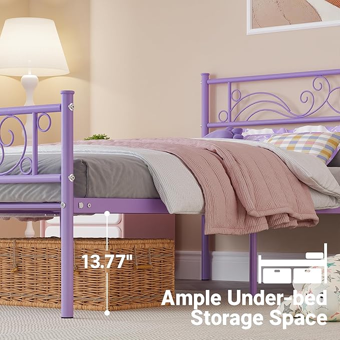 Weehom Twin Bed Frames with Headboard, Metal Platform Bed Heavy Duty Steel Slat Under Bed Storage for Kids Purple