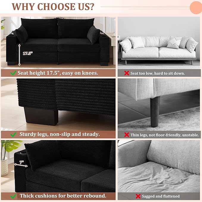 Eafurn 78" Corduroy Loveseat Sofa, Modern 2 Seater Couch with Dual Cup Holders & USB Charging Ports, Comfy Upholstered Small Sofa with Side Storage Pockets for Apartment, Living Room