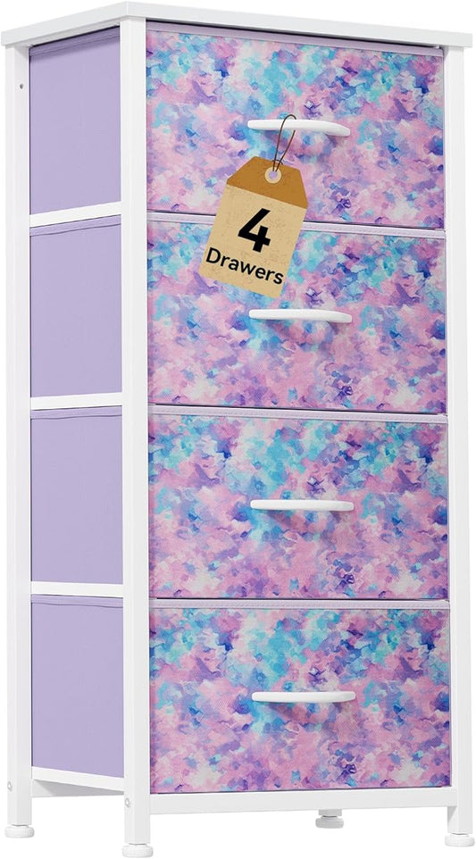 DWVO Dresser with 4 Drawers - Storage Tower Unit, Dresser for Room, Living Room, Closets - Sturdy Steel Frame, Wooden Top & Easy Pull Fabric Bins,Purple