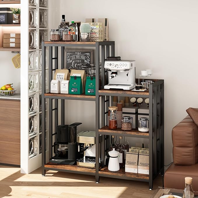 6-Tier Adjustable Mini Fridge Cabinet with Power Outlet,Kitchen Bakers Rack with Storage,Mini Fridge and Microwave Stand,Coffee Bar, Free Standing Shelf for Kitchen, Home Office,Rustic Brown