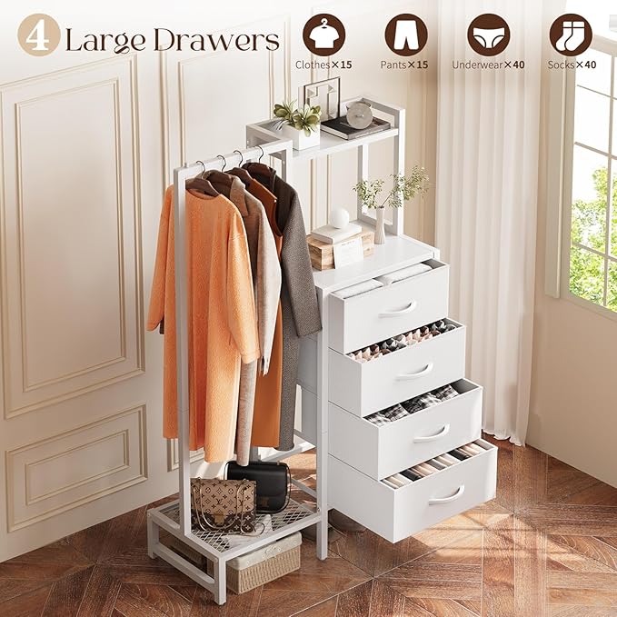 Yoobure White Dresser with Hanging Rack - Small Dresser for Bedroom with 4 Drawers, 44'H Chest of Drawers, Reversible Kids Dressers with Storage Shelf, Closet Dressers with Clothes Rack, Sturdy Frame