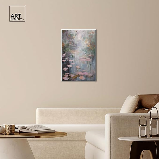 Art Remedy Pink Impressionisty Lilypads Framed Impressionism 1 Piece Canvas Wall Art/Monet And Van Gogh Inspired Art, 25" x 37", White Frame