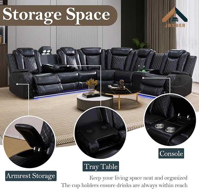 Power Recliner Sectional Sofa Set for Living Room, Leather Recliner Sofa Sets, L-Shaped Corner Sectional Couch Sets with LED Lights, Console Storage(Sectional,Black)