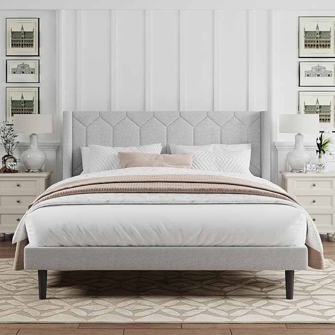 Queen Size Bed Frame with Velvet Upholstered Headboard, Platform Bed Frame No Box Spring Needed, Modern Bedframe with Strong Wooden Slats, Light Gray