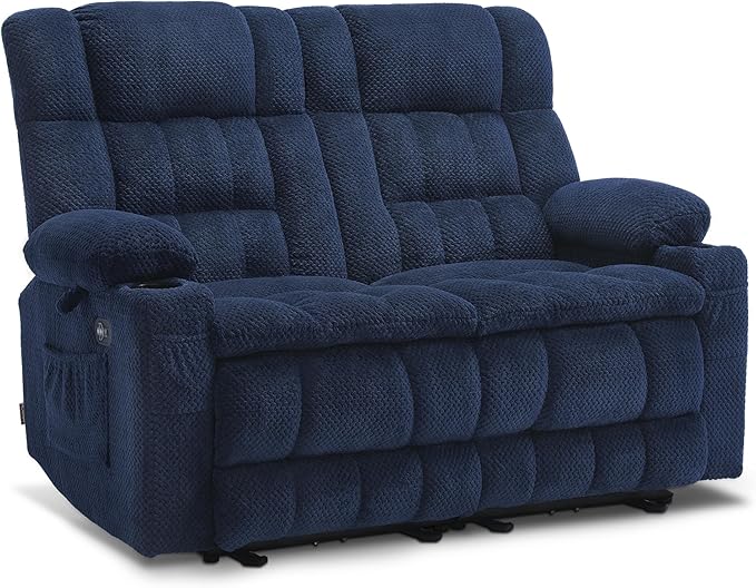 MCombo 57" Reclining Loveseat with Heat and Massage, Zero Gravity Recliner Loveseat Sofa with Dual USB Charging Ports for Living Room, Fabric 6314 (Navy Blue)