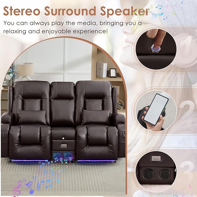 TUNYI Wall Hugger Loveseat Recliner Sofa with Console, Power Reclining Loveseat RV Couch with Massage & Heat/USB/Outlet/Storage/LED Light/Speaker (Espresso)