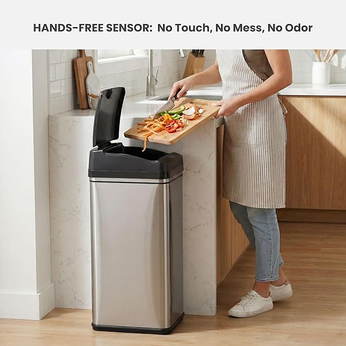 iTouchless 13 Gallon Patented Sensor Trash Can with Lid & Odor Filter, Original Inventor 50L Automatic Kitchen Garbage Bin, Fingerprint-Proof Stainless Steel, Pet-Proof Lock, Soft-Close, Silver