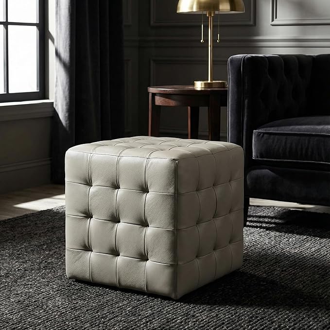 Cortesi Home Charli Tufted Cube Ottoman in 100% Genuine Leather, Light Grey