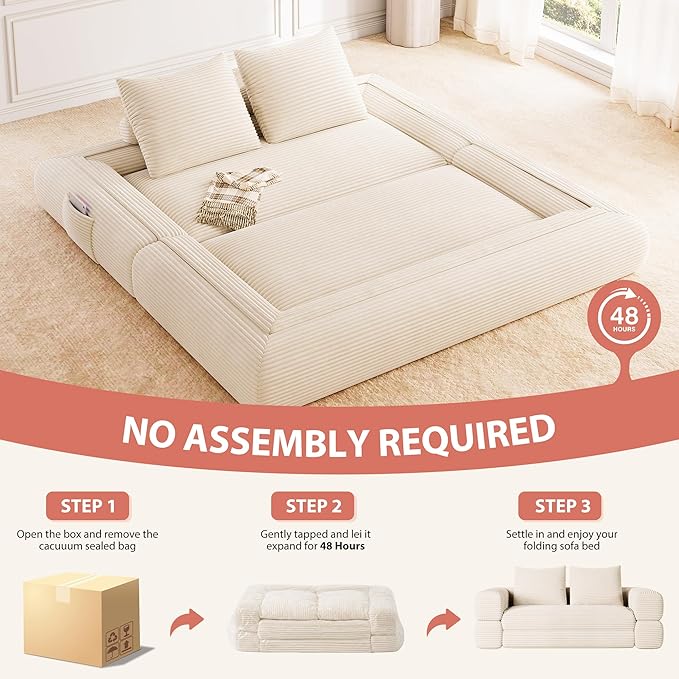 Jocoevol 4-in-1 Convertible Folding Sofa Bed, 68"L x 78"W Queen Size Foldable Sleeper Sofa Bed, Wide Corduroy Upholstery, Boneless Mattress Couch with Armrests & Neck Pillow for Living/Bedroom, Beige