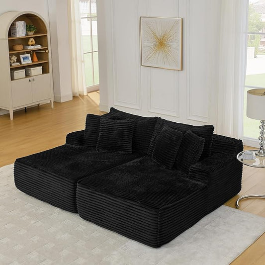 Fluffy Corduroy Double Chaise Lounge Daybed 83-Inch Oversized Loveseat Sleeper Sofa Bed,Boneless Love Seat Recliner Sleeper Couch Full Foam Floor Cloud Sofa Chaise W/6 Pillows for Living Room Bedroom