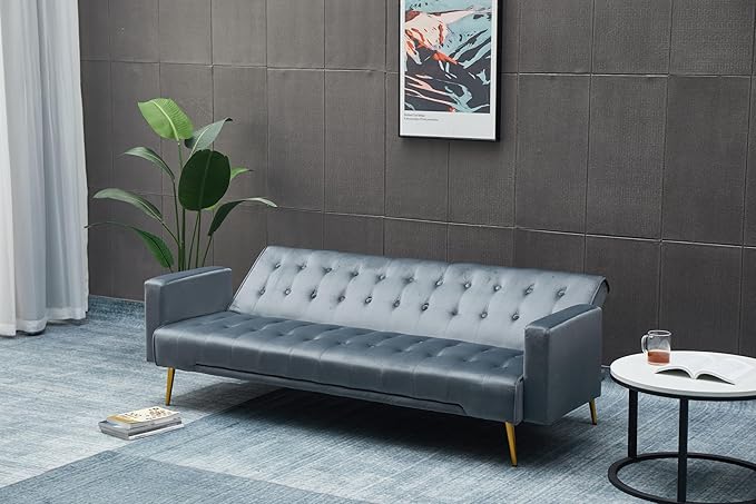 Eafurn Convertible Futon Sofa Bed, 75″Velvet Fabric Futons Loveseat Couch with Adjustable Backrest, Folding Sleeper Recliner Daybed for Living Room Furniture | Golden Legs, Wood Frame