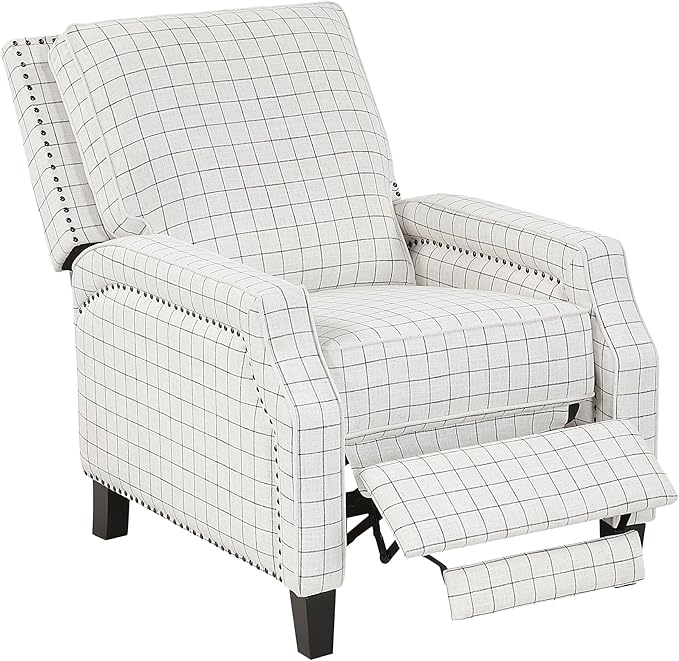 Lexicon Pushback Recliner Chair, Plaid Textured Fabric Armchair Push Back Reclining Chair, Nailhead Trim, Solid Wood Legs, Easy Assembly for Living Room/Office/Apartment, Off-White
