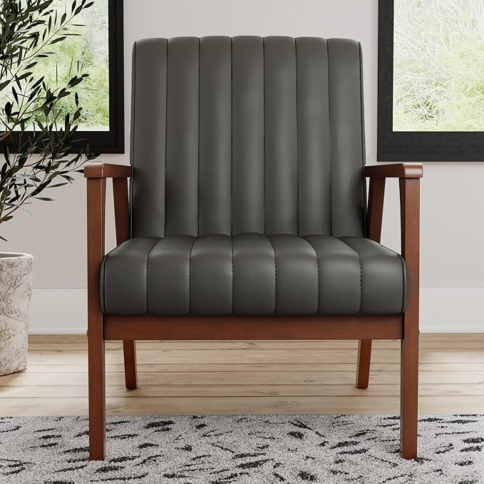 Edenbrook Carlton Exposed Wooden Arm Accent Chair for Living Room-Real Wood-Modern Channeled Tufting, Gray (EH0005CHR00FG)