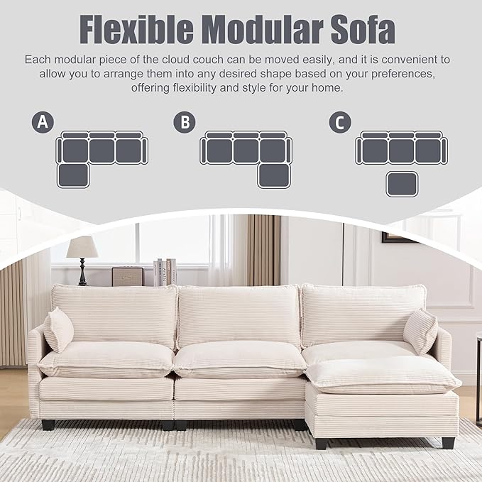 103" Oversized Modular Sectional Sofa Couch with Reversible Ottoman, Free Combination Convertible Corner Couch,Corduroy Upholstered Cloud Sectional Couch with Side Pockets | Multiple Cushions, DIY Combination, Removable Cover