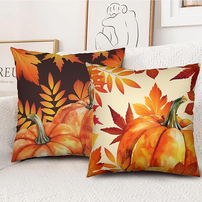 Fall Decor Pillow Covers 20x20 Set of 2 Orange Maple Leaf Pumpkin Outdoor Throw Pillow Covers Happy Fall Thanksgiving Pillows Decorative Throw Cushion Case for Home Couch Sofa
